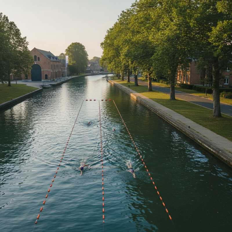 Afgezette zwembanen met drijvers in de Leuvense Vaart, zwemmers trekken baantjes langs het Jaagpad bij het boothuis