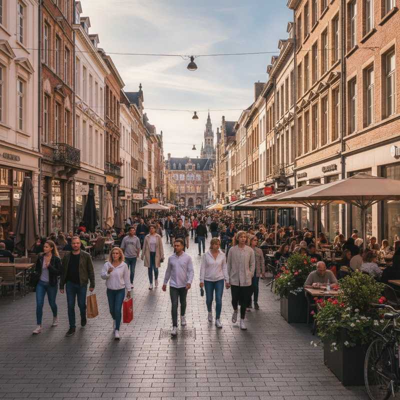Voetgangers wandelen op een autoluwe Bondgenotenlaan in Leuven met winkels en terrassen