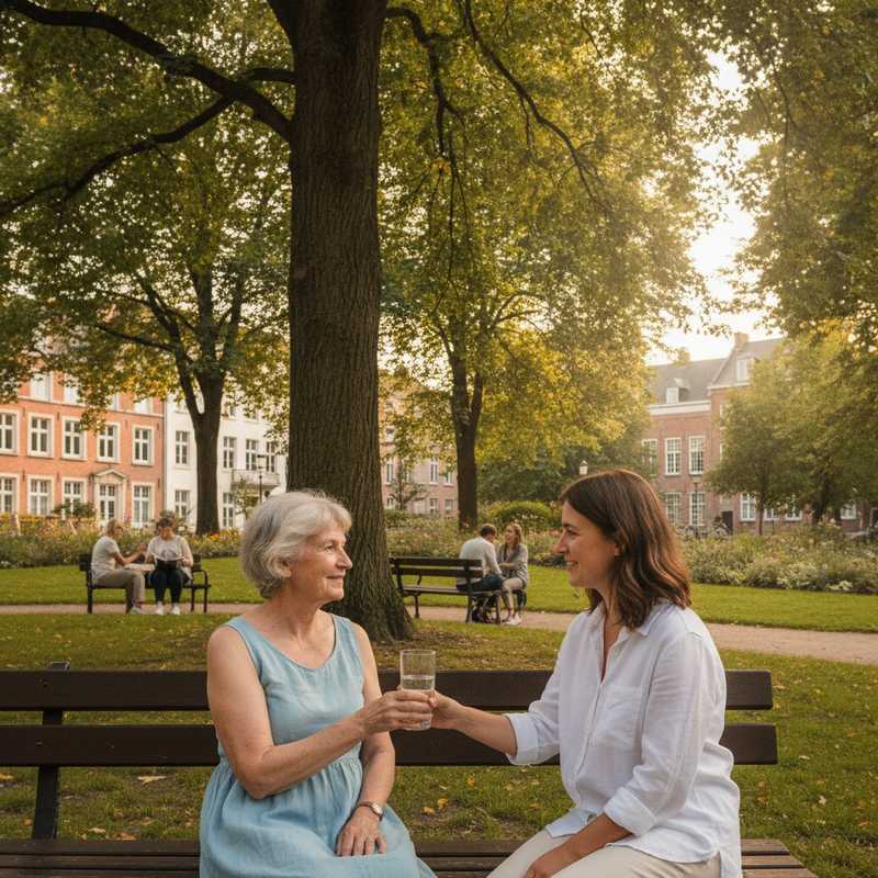Oudere persoon zit in de schaduw op een bankje terwijl iemand water aanbiedt tijdens warme zomerdag in Leuven