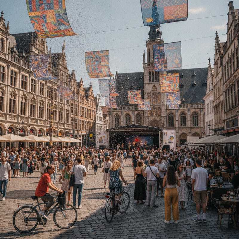 Druk stadscentrum van Leuven met festivalbanners en bezoekers tijdens cultureel zomerevenement
