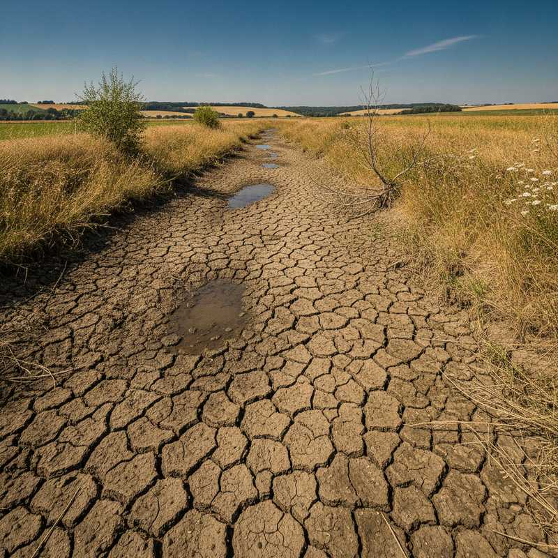 Drooggevallen beek met gebarsten aarde in Vlaams-Brabant tijdens hittegolf
