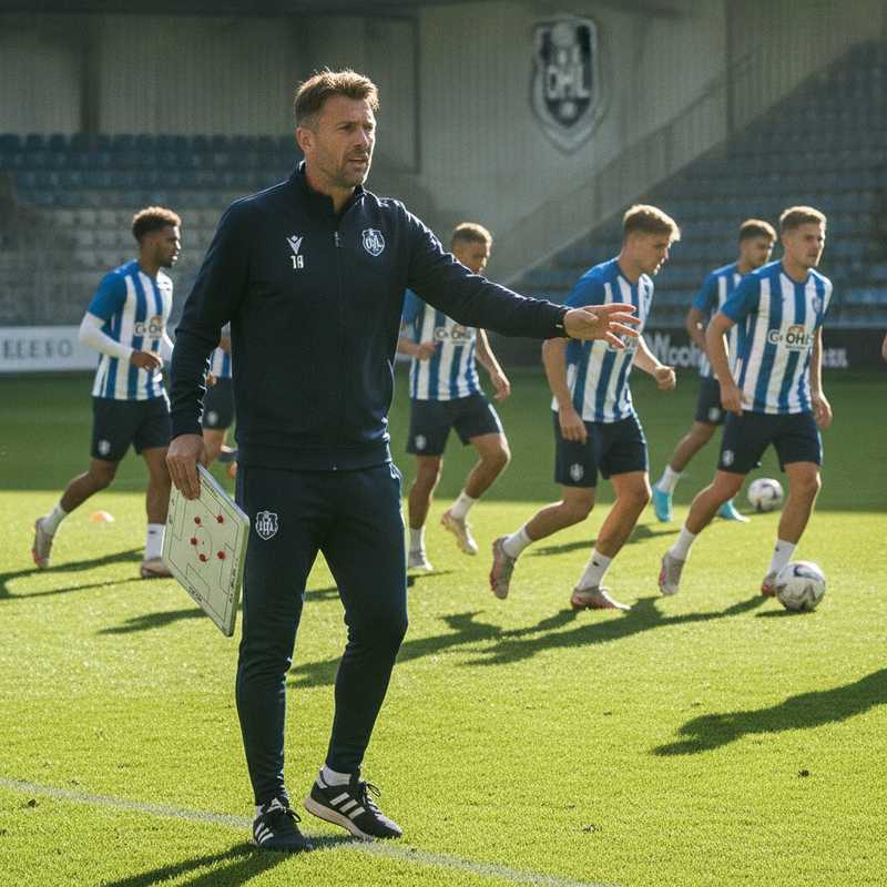 Voetbaltrainer op de zijlijn van een voetbalstadion met spelers van OH Leuven op de achtergrond tijdens training
