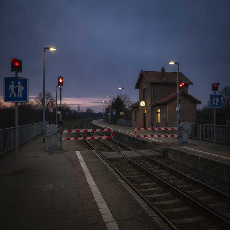 Spoorwegovergang met gesloten slagbomen en rode waarschuwingslichten bij een treinstation
