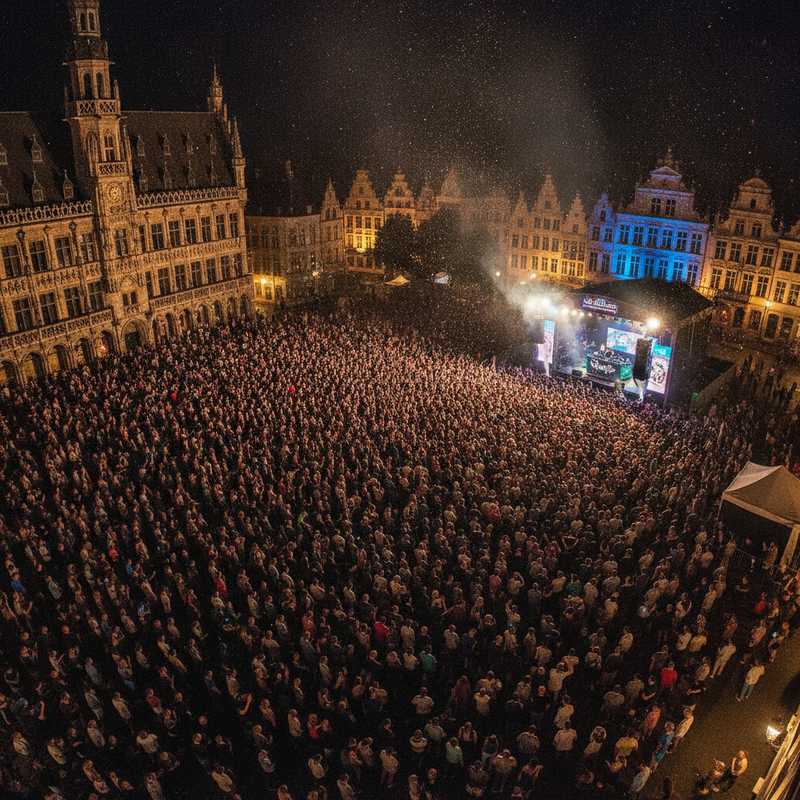 Grote menigte bezoekers op de Grote Markt in Leuven tijdens de laatste avond van het Beleuvenissen festival