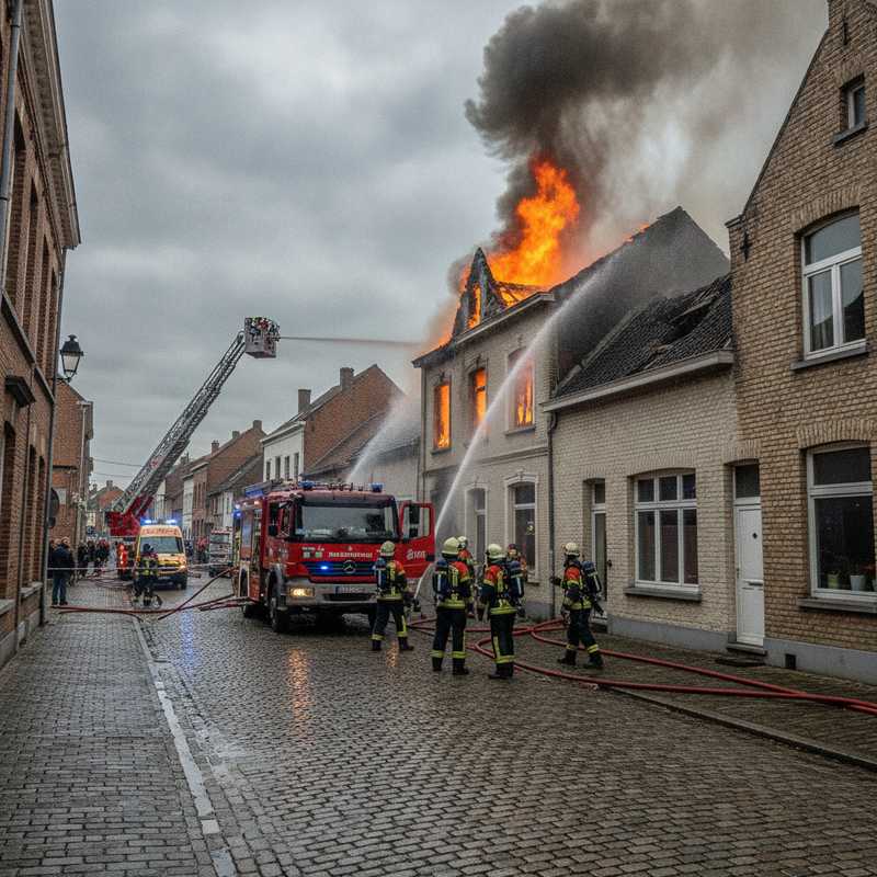 Brandweerlieden blussen een woningbrand met zichtbare vlammen en rook in een Vlaamse dorpsstraat