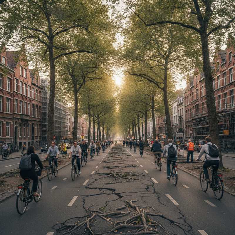 Beschadigd fietspad met omhooggeduwd asfalt door boomwortels op een drukke fietsroute in Leuven