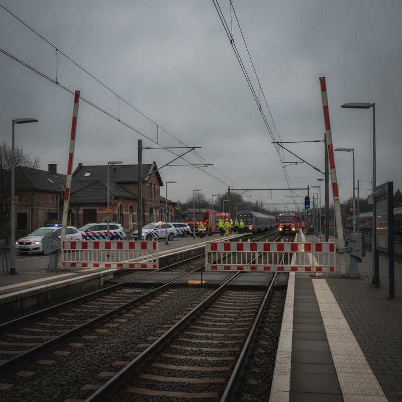 Spoorwegovergang met gesloten slagbomen en hulpdiensten op achtergrond bij treinstation