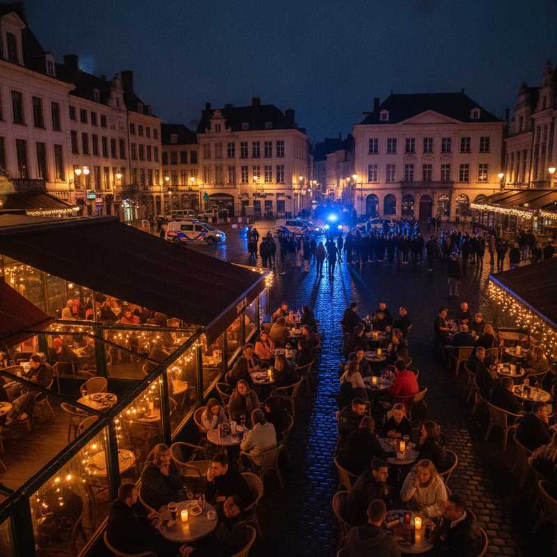 Politievoertuigen met blauwe zwaailichten aan de Oude Markt in Leuven tijdens de avond, met verlichte terrassen op de achtergrond