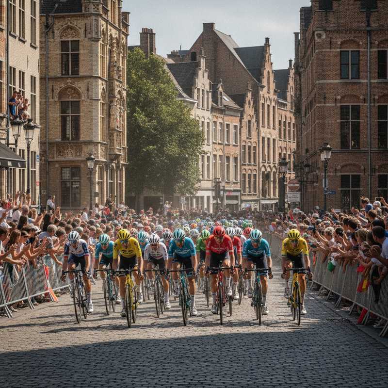 Wielrenners in professioneel peloton rijden door Leuvens stadscentrum met toeschouwers langs de kant
