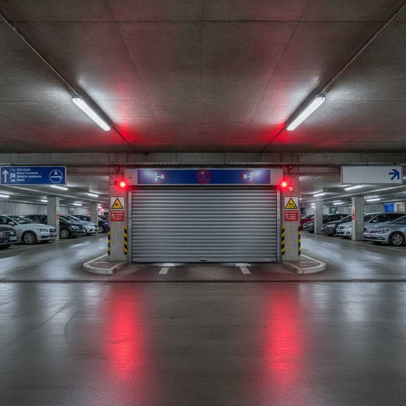 Ondergrondse stationparking met gesloten veiligheidsdeuren en noodverlichting na brandalarm