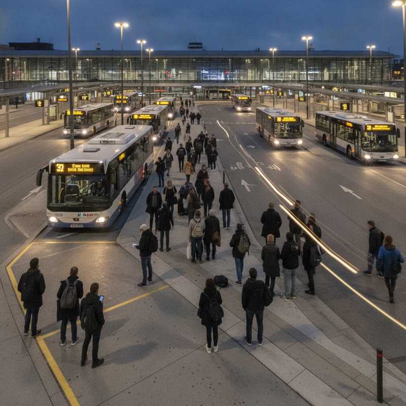 Drukke busperrons bij een treinstation met bussen en wachtende reizigers
