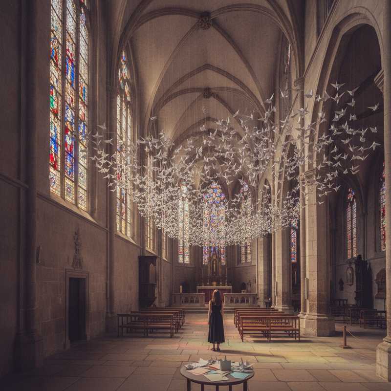 Witte gevouwen papieren kraanvogels hangen in een kerk als vredessymbool bij de herdenking van Hiroshima en Nagasaki