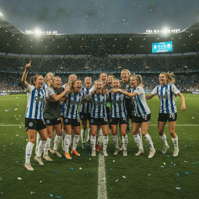 Voetbalsters van OHL Women omhelzen elkaar in vreugde na het winnen van de penaltyreeks tegen Fenerbahçe in het stadion