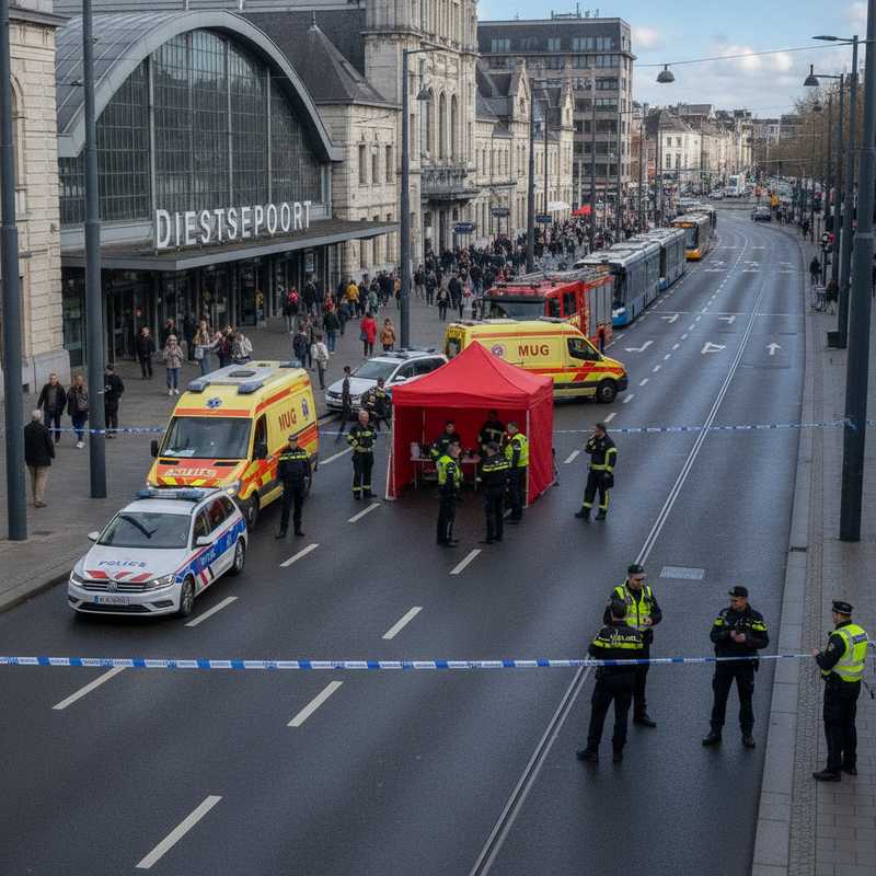Politie en hulpdiensten met rode tent aan afgesloten Diestsepoort bij station Leuven