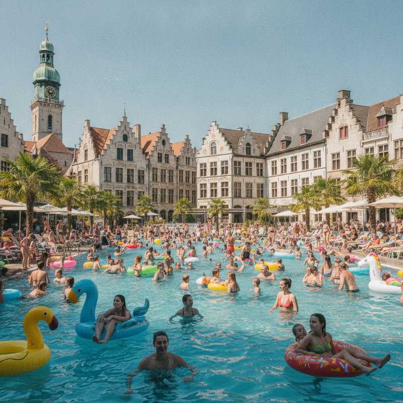 Druk zwembad met vele bezoekers op zonnige zomerdag in Leuven